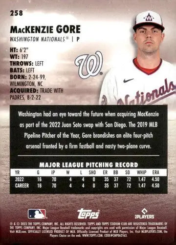 2023 Topps Stadium Club #258 MacKenzie Gore NM-MT Nationals ID:67916 - Baseball Card Single