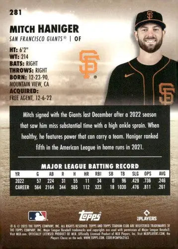 2023 Topps Stadium Club #281 Mitch Haniger NM-MT Giants ID:67605 - Baseball Card Single