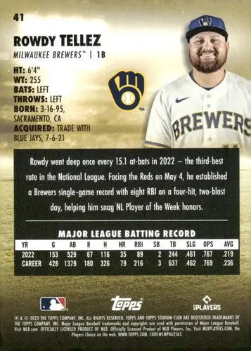 2023 Topps Stadium Club #41 Rowdy Tellez NM-MT Brewers ID:67583 - Baseball Card Single