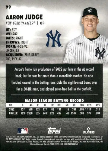 2023 Topps Stadium Club #99 Aaron Judge NM-MT Yankees ID:67588 - Trading Cards