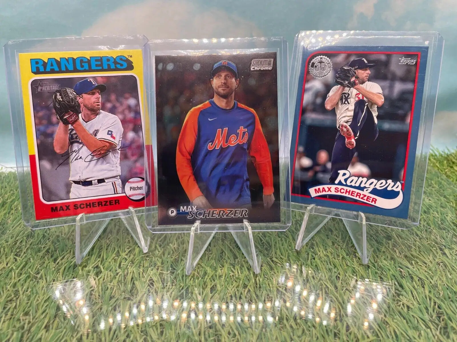 Three Max Scherzer baseball cards from Topps Stadium Club Chrome Refractor collection