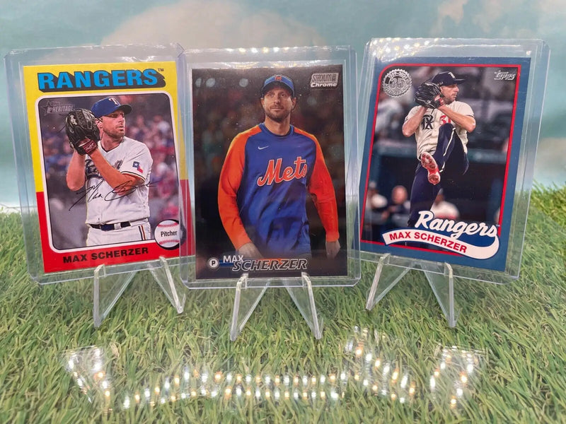 Three Max Scherzer baseball cards from Topps Stadium Club Chrome Refractor collection