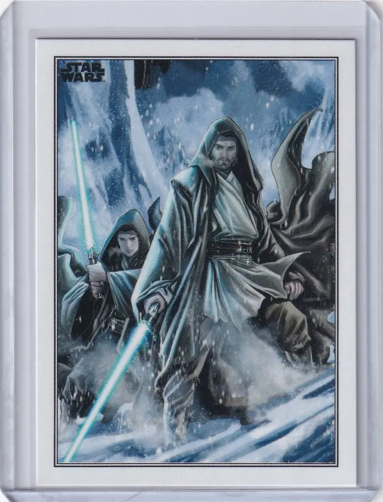 Topps Star Wars trading card featuring Jedi Obi-Wan and Anakin with lightsabers in snow