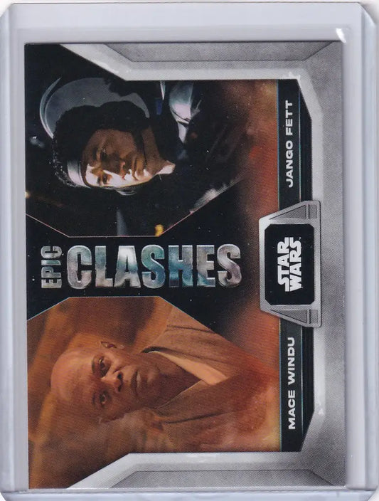 Topps Star Wars trading card featuring Mace Windu and Jango Fett in Epic Clashes design