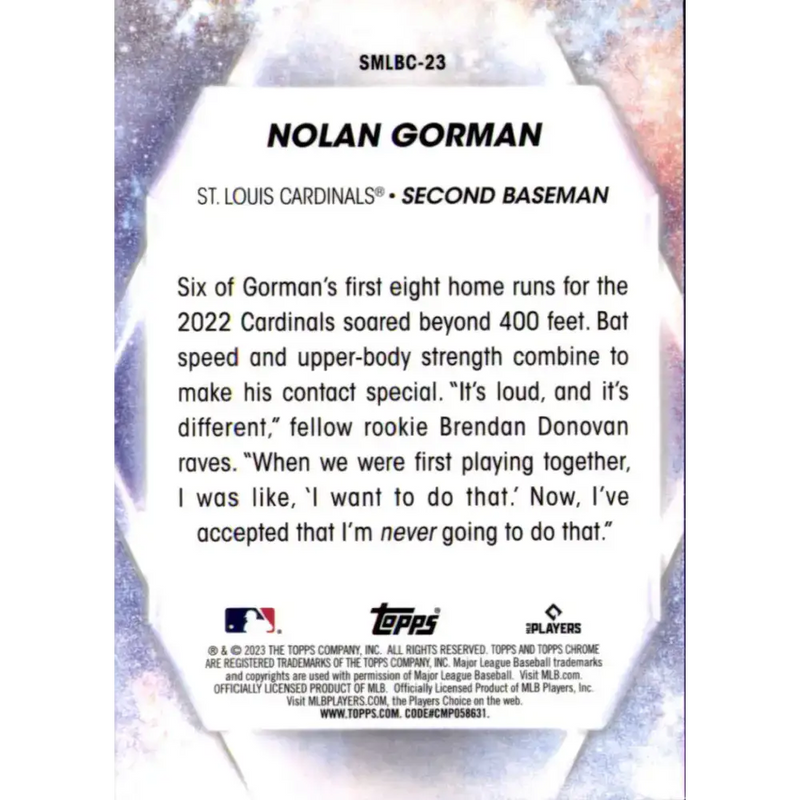 2023 Topps Stars of the MLB Chrome Refractor #SMLBC-23 Nolan Gorman NM-MT St. Louis Cardinals Baseball Card - Baseball