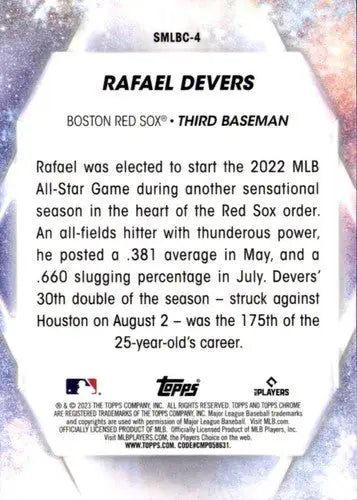 Baseball trading card of Rafael Devers from 2023 Topps Stars MLB Chrome Refractor series