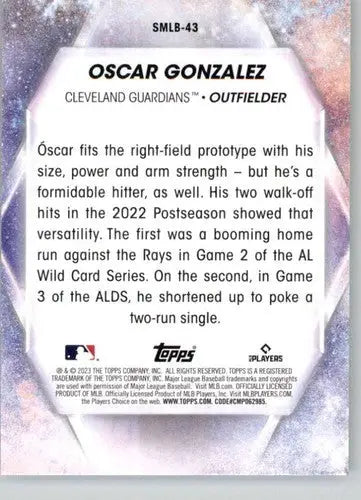 Baseball card back featuring original gloss from 2023 Topps Stars Oscar Gonzalez Guardians