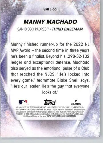 2023 Topps Stars Manny Machado baseball card back with original gloss and detailed info