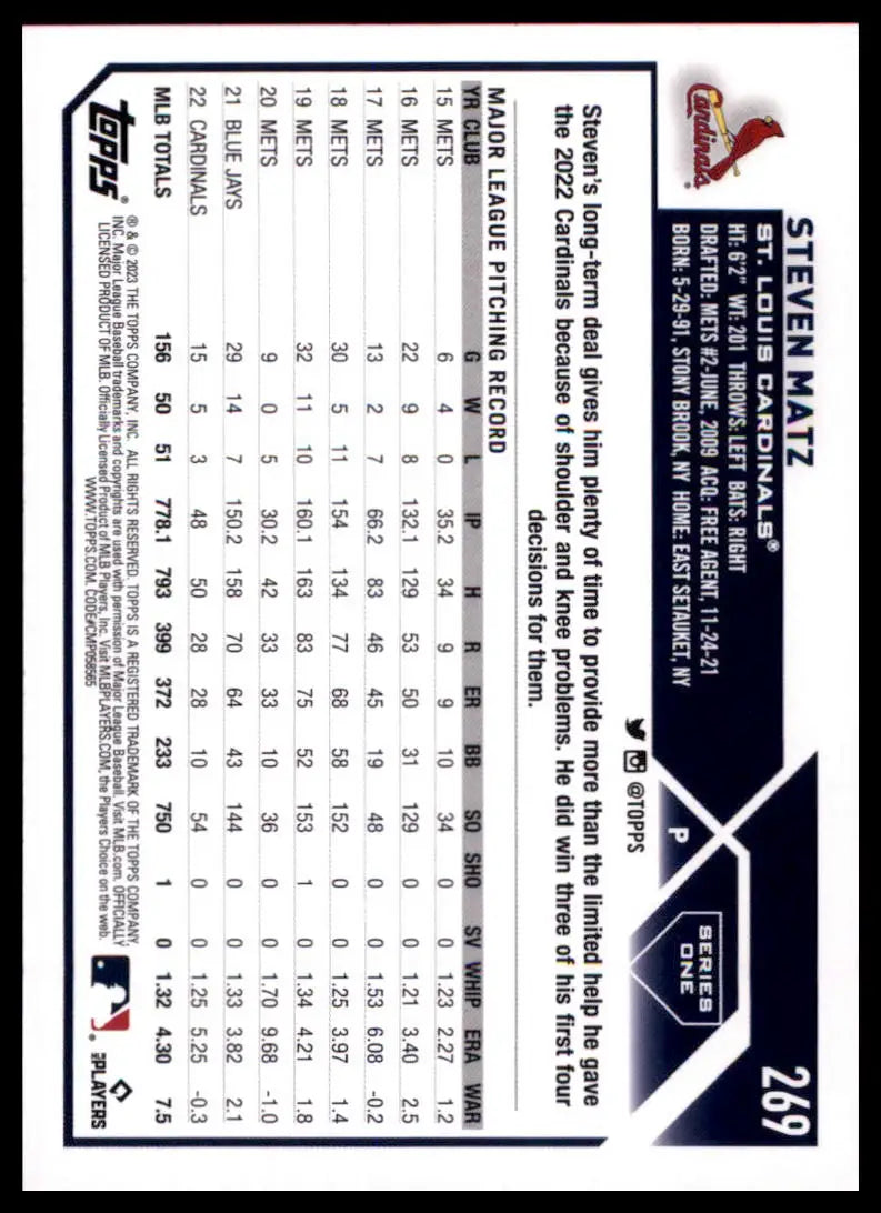 2023 Topps Steven Matz 269 St. Louis Cardinals Baseball NM - Baseball Card Single