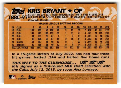 Kris Bryant baseball card from 2023 Topps Mojo Silver Pack Rockies ID 49434
