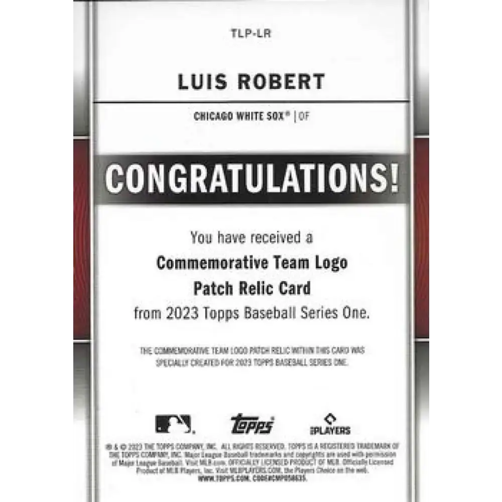 2023 Topps Team Logo Commemorative Patch #TLP-LR Luis Robert NM-MT MEM Chicago White Sox - Sports Memorabilia