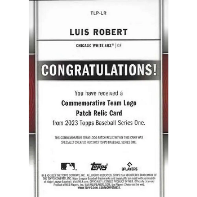 2023 Topps Team Logo Commemorative Patch #TLP-LR Luis Robert NM-MT MEM Chicago White Sox - Sports Memorabilia