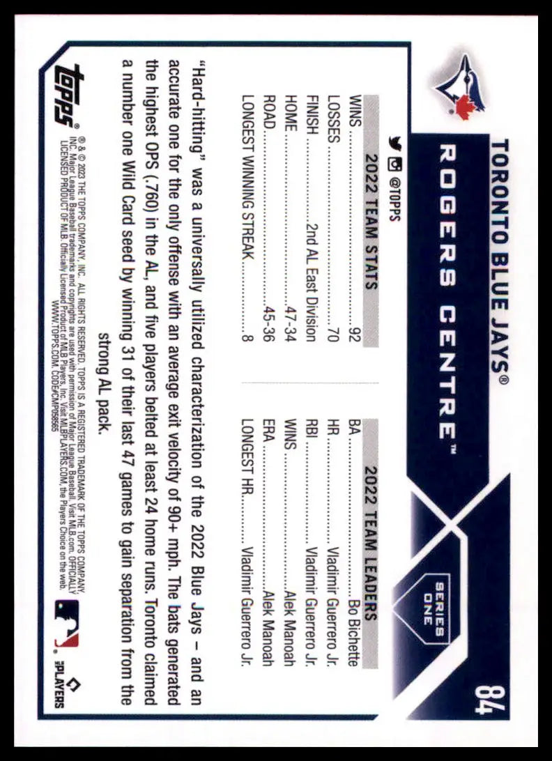 2023 Topps Toronto Blue Jays 84 Toronto Blue Jays Baseball NM - Baseball Card Single
