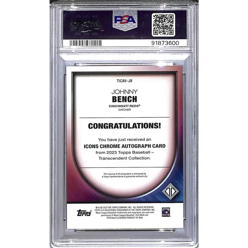 2023 Topps Transcendent Collection Icons Red #TICAV-JB Johnny Bench PSA 10 GEM MINT Auto 5/5 Cincinnati Reds - Baseball