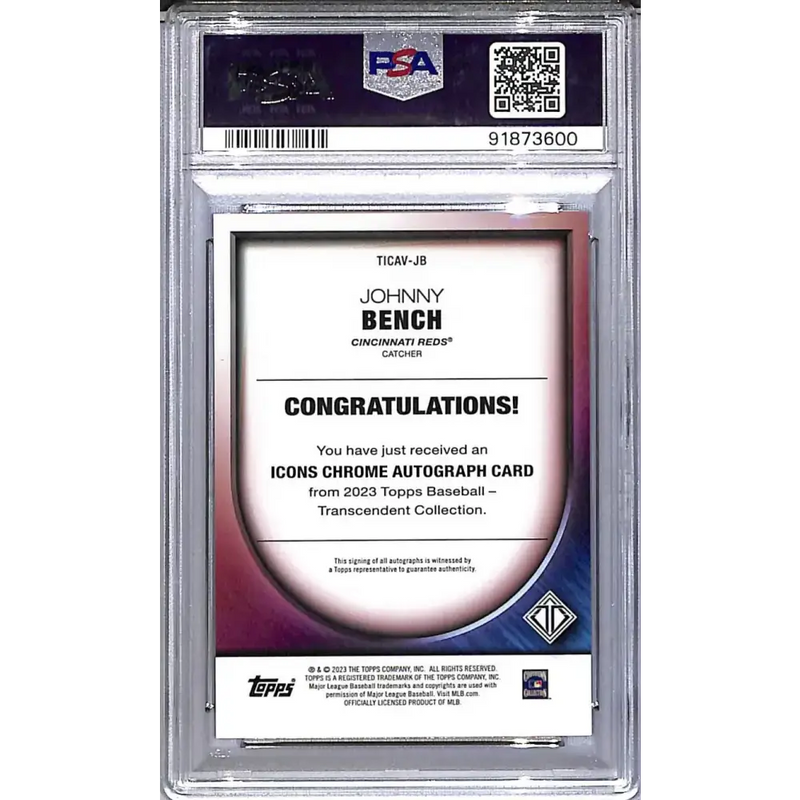 2023 Topps Transcendent Collection Icons Red #TICAV-JB Johnny Bench PSA 10 GEM MINT Auto 5/5 Cincinnati Reds - Baseball