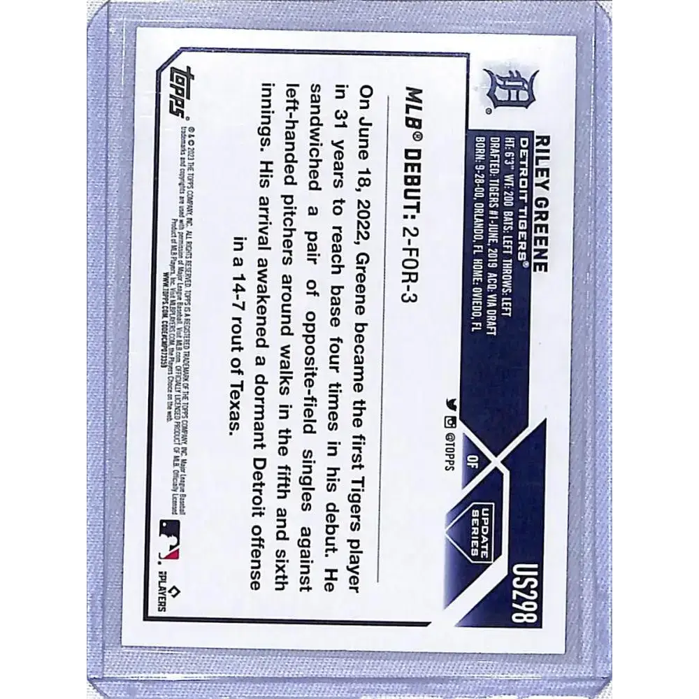 2023 Topps Update Black & Orange #US298 Riley Greene NM-MT RC Rookie Detroit Tigers - Baseball Card Single