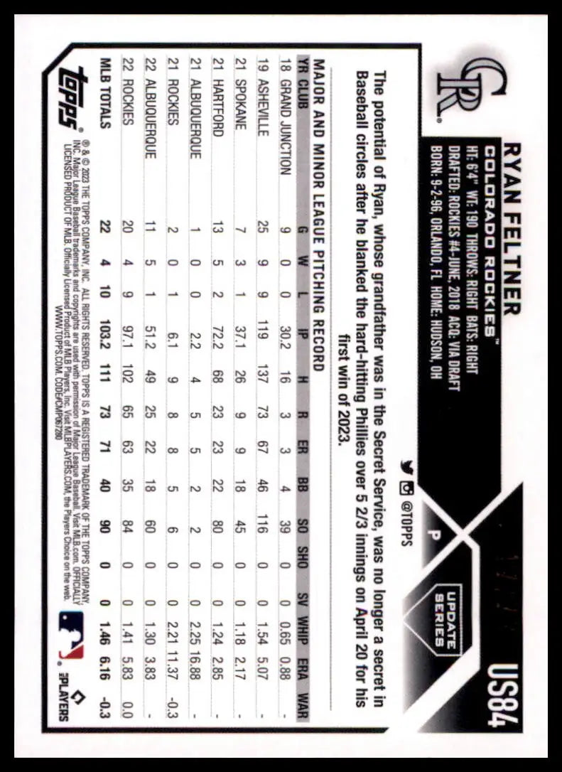 2023 Topps Update - Black Ryan Feltner US84 /72 Colorado Rockies NM - Baseball Card Single