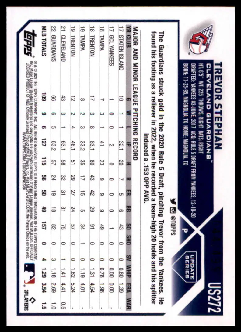 2023 Topps Update - Green Foil Trevor Stephan US272 /499 Cleveland Guardians NM - Baseball Card Single