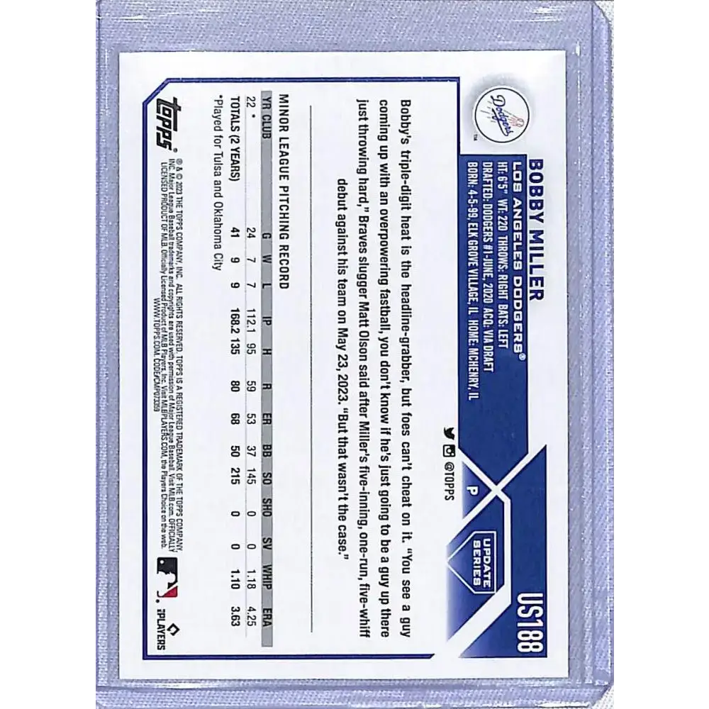 2023 Topps Update Orange & Black #US188 Bobby Miller NM-MT RC Rookie Los Angeles Dodgers - Baseball Card Single