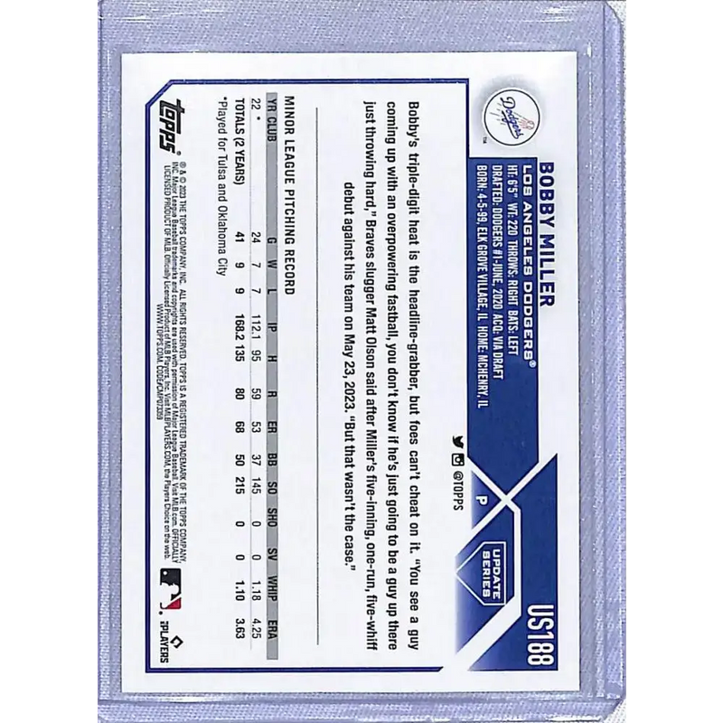 2023 Topps Update Orange & Black #US188 Bobby Miller NM-MT RC Rookie Los Angeles Dodgers - Baseball Card Single