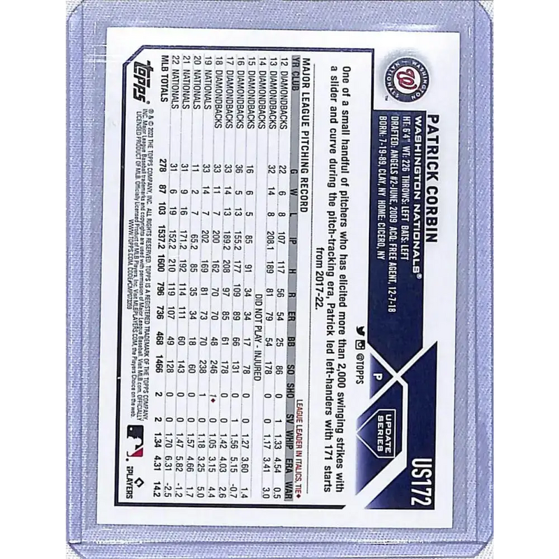 2023 Topps Update Pumpkin #US172 Patrick Corbin NM-MT Washington Nationals - Baseball Card Single