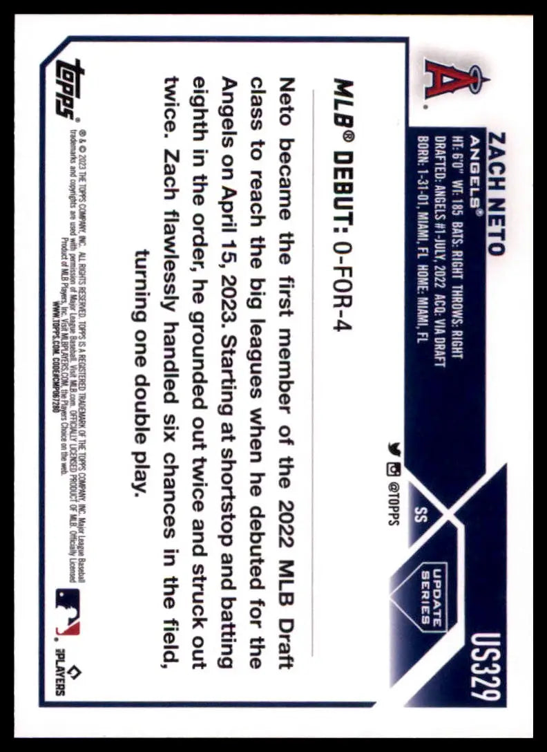 2023 Topps Update - Rainbow Foil Zach Neto US329 Los Angeles Angels Baseball NM - Baseball Card Single