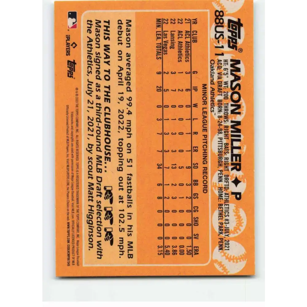 2023 Topps Update Series 1988 Baseball #88US-11 Mason Miller NM-MT Oakland Athletics Baseball Card - Baseball Card