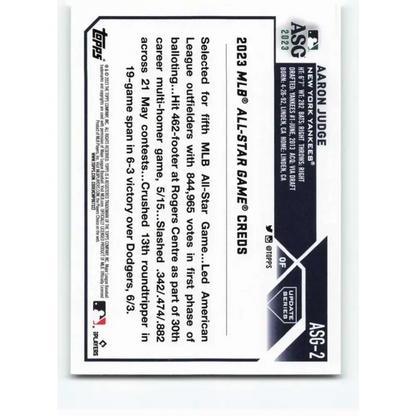 2023 Topps Update Series All-Star Game #ASG-2 Aaron Judge NM-MT New York Yankees Baseball Card