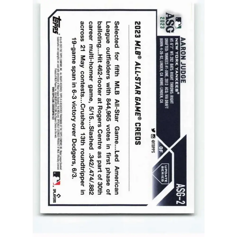 2023 Topps Update Series All-Star Game #ASG-2 Aaron Judge NM-MT New York Yankees Baseball Card - Baseball Card Single