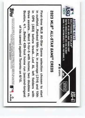 Baseball card back from 2023 Topps Update Series All-Star Game Austin Hays NM