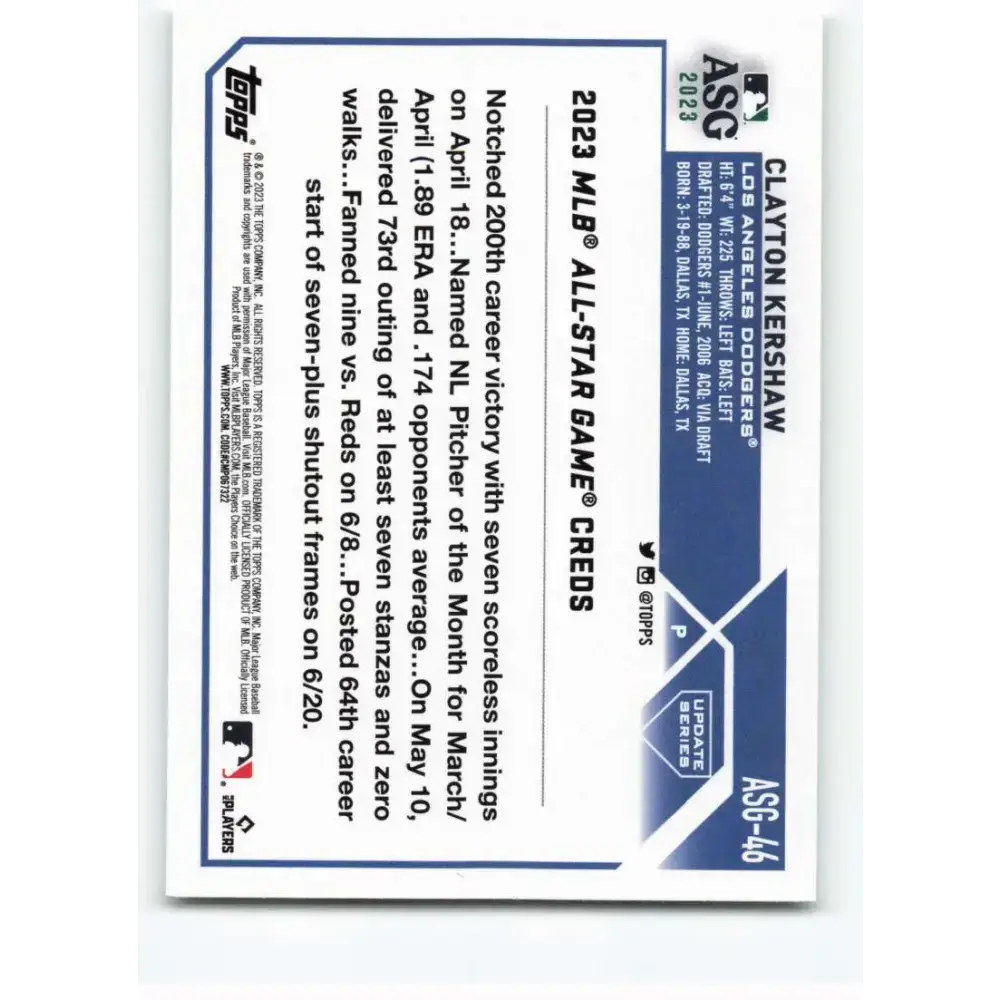 2023 Topps Update Series All-Star Game #ASG-46 Clayton Kershaw NM-MT Los Angeles Dodgers Baseball Card - Baseball Card