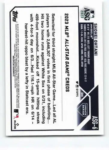 2023 Topps Update Series All-Star Game #ASG-6 Shohei Ohtani NM-MT Angel ID:73727 - Baseball Card Single