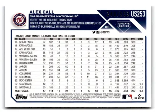 Alex Call baseball card from 2023 Topps Update Series Blue Foil NM-MT RC