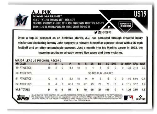 2023 Topps Update Series Gold #US19 A.J. Puk NM Near Mint 1524/2023 Mar ID:65588 - Baseball Card Single