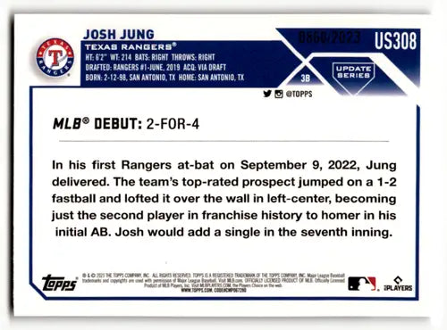2023 Topps Update Series Gold #US308 Josh Jung NM-MT 0860/2023 Rangers ID:63447 - Baseball Card Single