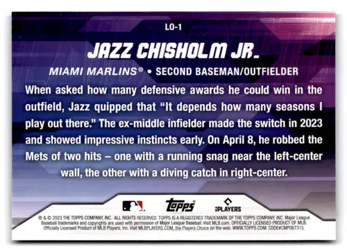 Original gloss Jazz Chisholm Jr. baseball card from 2023 Topps Update Series Laid Out