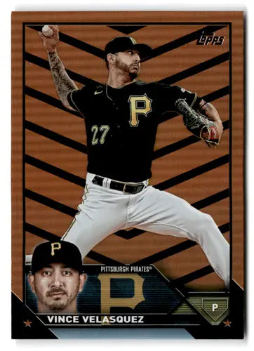 Vince Velasquez baseball card from 2023 Topps Update Series Orange/Black Foil