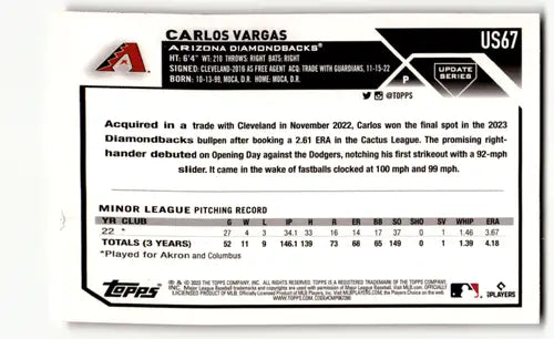 2023 Topps Update Series Orange Foil #US67 Carlos Vargas NM Near Mint R ID:64485 - Baseball Card Single