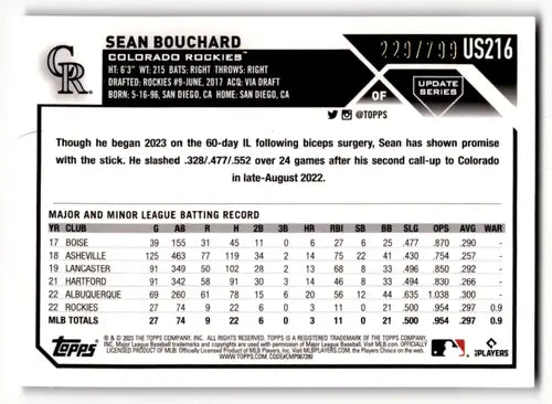 2023 Topps Update Series Purple Foil #US216 Sean Bouchard NM-MT RC Rook ID:63806 - Baseball Card Single