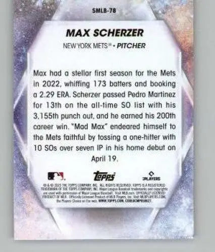 Baseball card back from 2023 Topps Update Series featuring Max Scherzer with original gloss