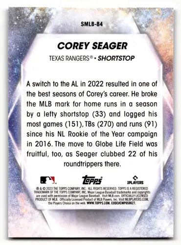 Corey Seager baseball card back from 2023 Topps Update Series with original gloss