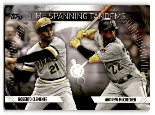 Baseball card featuring Roberto Clemente and Andrew McCutchen from 2023 Topps Update Series Time Spanning Tandems