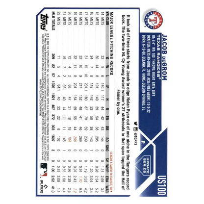2023 Topps Update Series #US100 Jacob deGrom NM-MT Texas Rangers Baseball Card