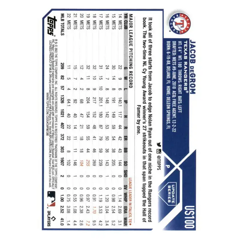 2023 Topps Update Series #US100 Jacob deGrom NM-MT Texas Rangers Baseball Card - Baseball Card Single