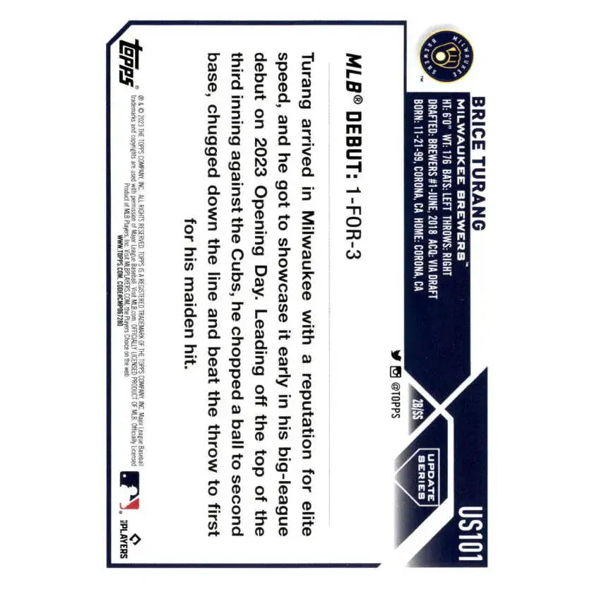 2023 Topps Update Series #US101 Brice Turang NM-MT Milwaukee Brewers Baseball Card - Baseball Card