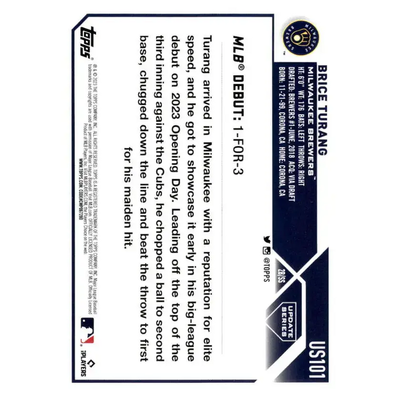 2023 Topps Update Series #US101 Brice Turang NM-MT Milwaukee Brewers Baseball Card - Baseball Card Single