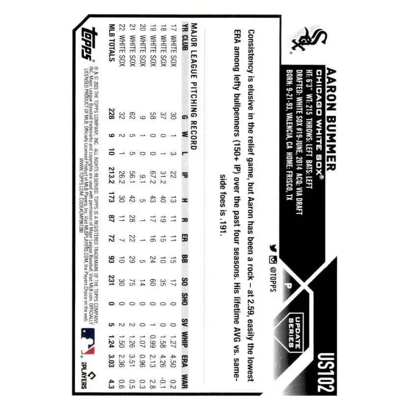 2023 Topps Update Series #US102 Aaron Bummer NM-MT Chicago White Sox Baseball Card - Baseball Card