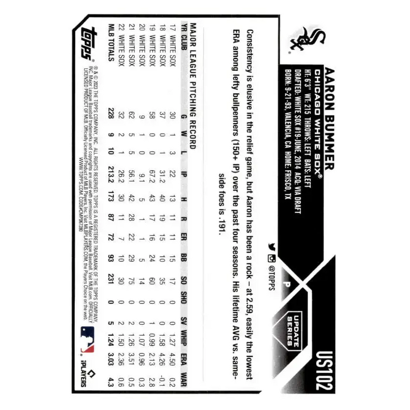 2023 Topps Update Series #US102 Aaron Bummer NM-MT Chicago White Sox Baseball Card - Baseball Card Single
