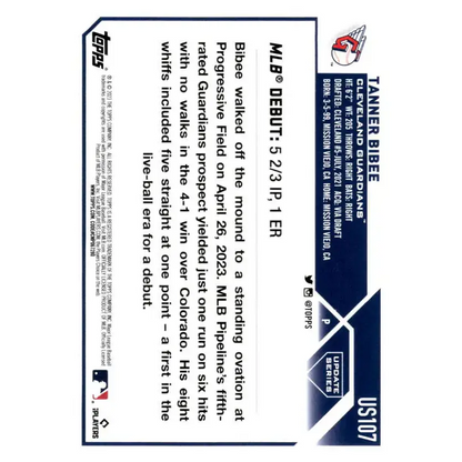 2023 Topps Update Series #US107 Tanner Bibee NM-MT Cleveland Guardians Baseball Card - Baseball Card