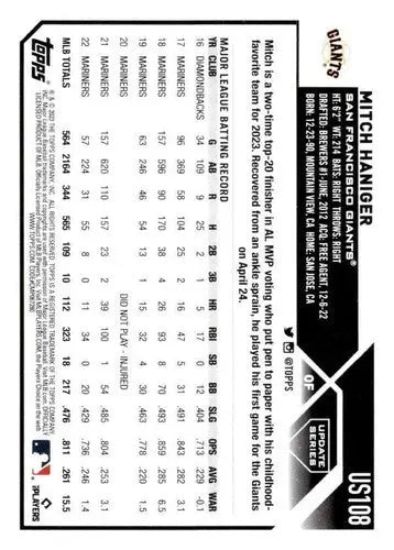 2023 Topps Update Series #US108 Mitch Haniger NM-MT Giants ID:67651 - Baseball Card Single